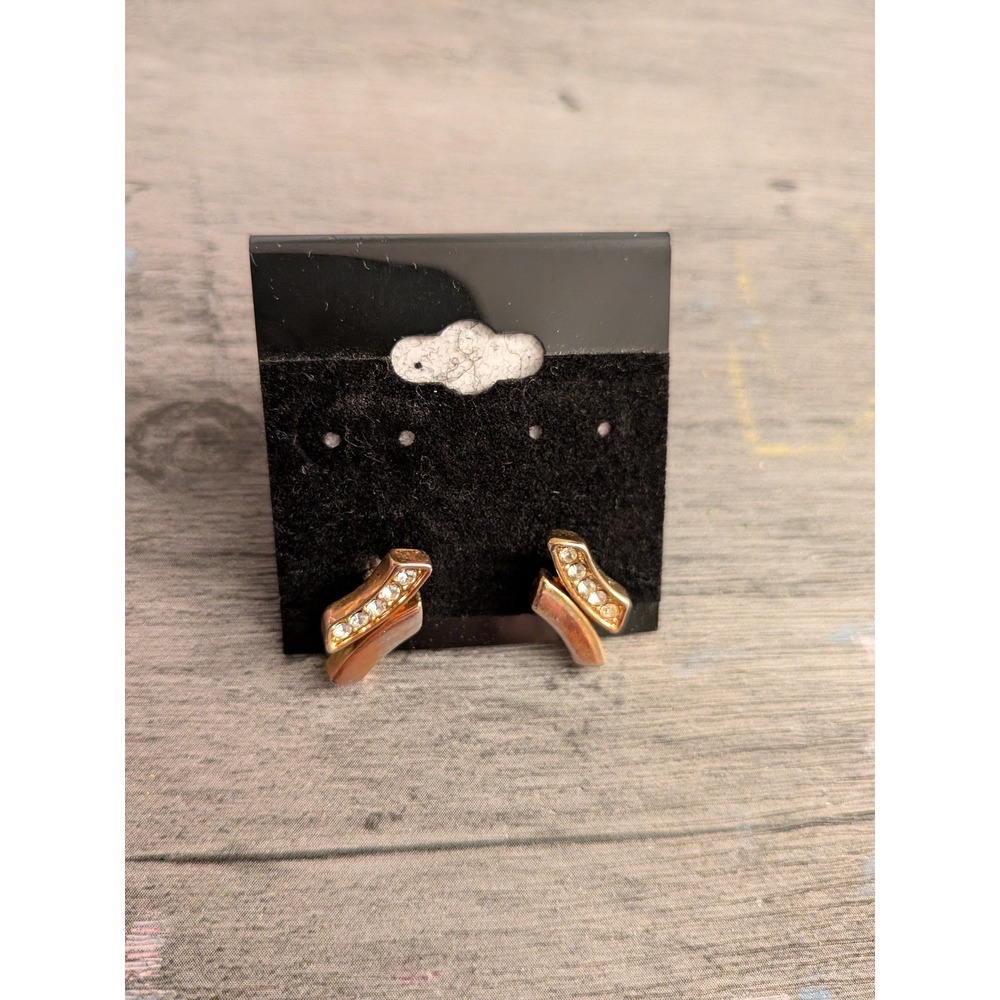 Rose Gold Tone Rhinestone Bypass Swirl Stud Earrings Pierced Geometric Modern